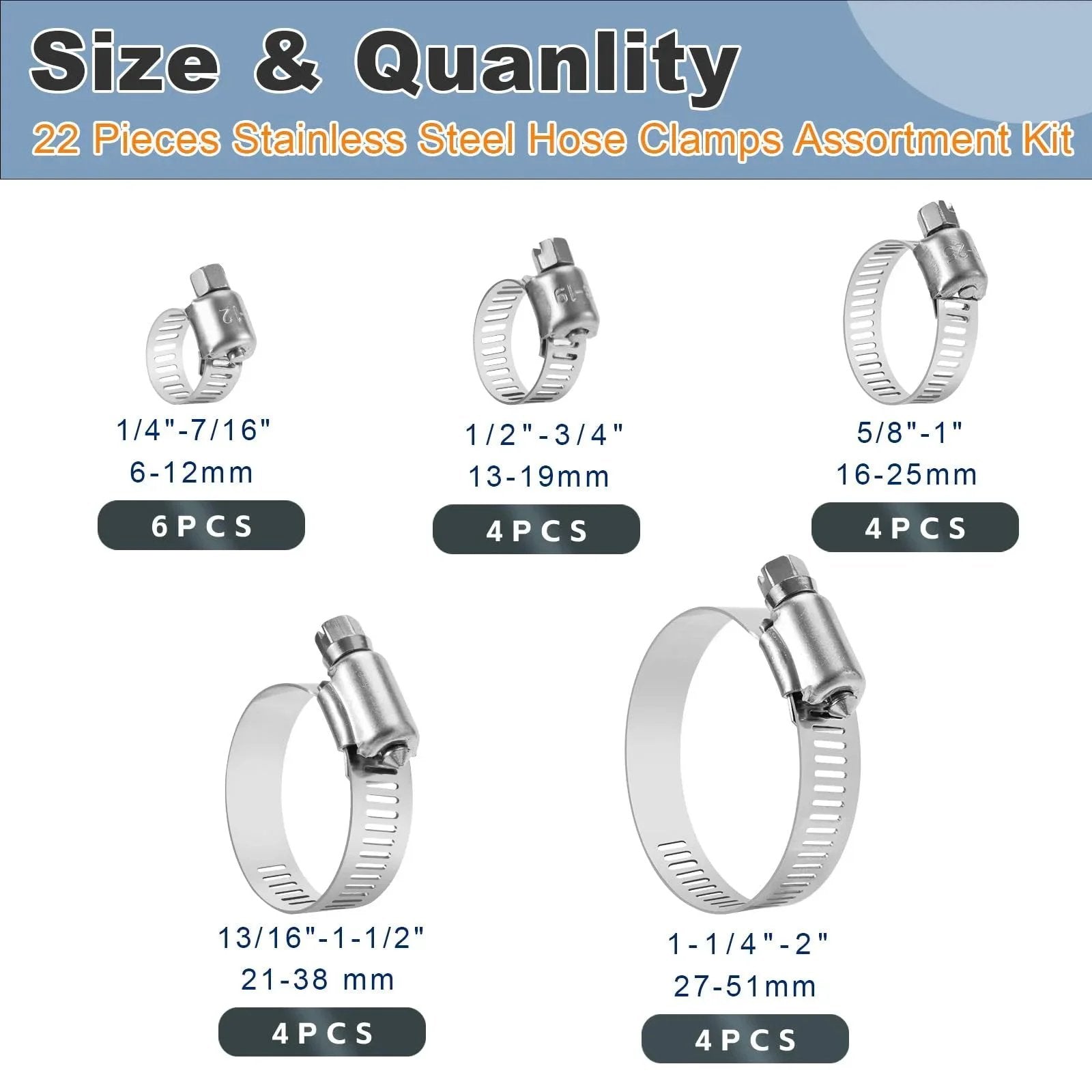 22 Piece Premium Stainless Steel Hose Clamp Assortment Kit For Plumbing And Automotive Use Worm Gear Clamps One Quarter To Two Inches Six To Fifty One Millimeters Versatile Small To Medium Sized Clamps For Home Workshop And Industrial Repairs displayed with size labels.