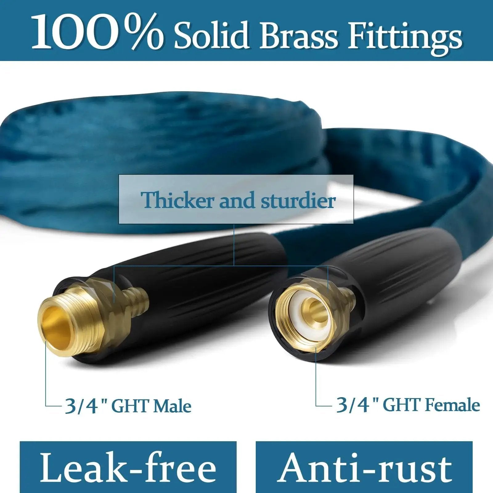 TPE Garden Hose 50 Feet Ultra Light Flexible Water Hose With Solid Brass Fittings showing male and female connectors