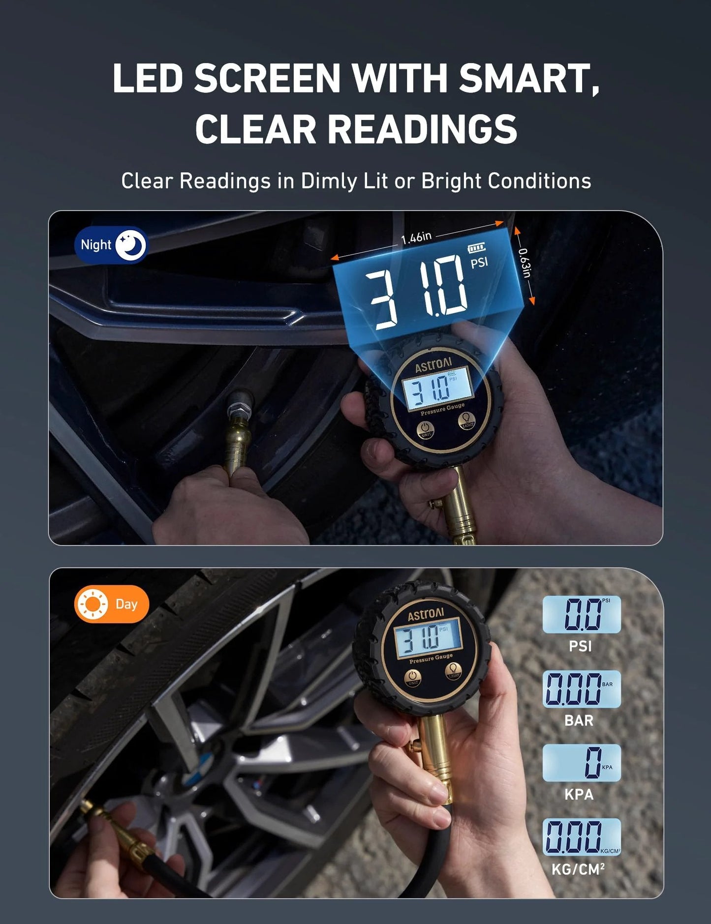 Car Tire Pressure Gauge With Backlit LED, Solid Brass Construction And Rubber Hose, measuring tire pressure on wheel
