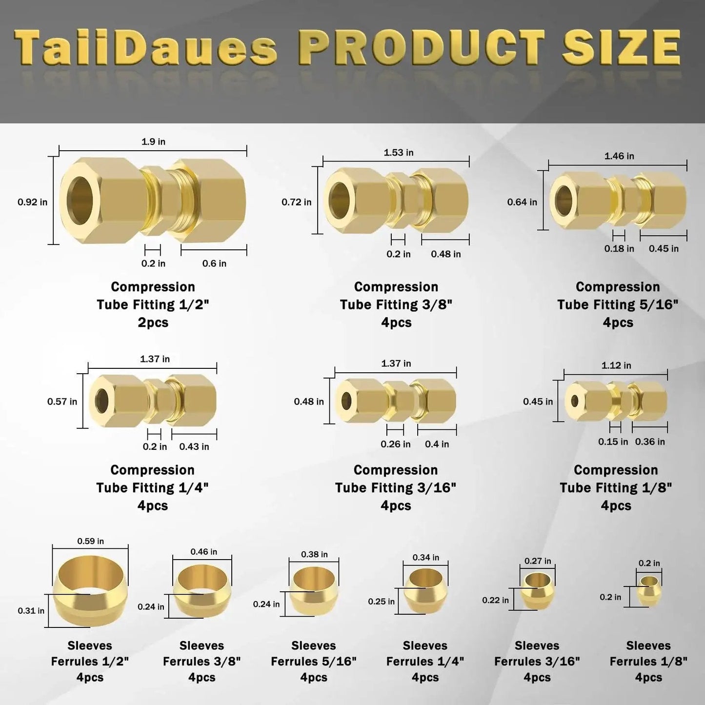 Size chart for Brass Compression Tube Fittings Kit 46 Piece Set for DIY Plumbing Projects showing various fittings and ferrules.
