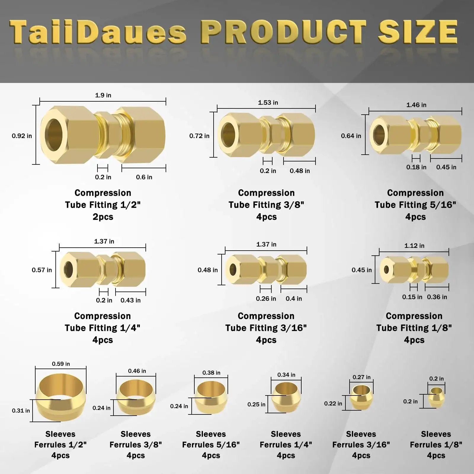 Size chart for Brass Compression Tube Fittings Kit 46 Piece Set for DIY Plumbing Projects showing various fittings and ferrules.