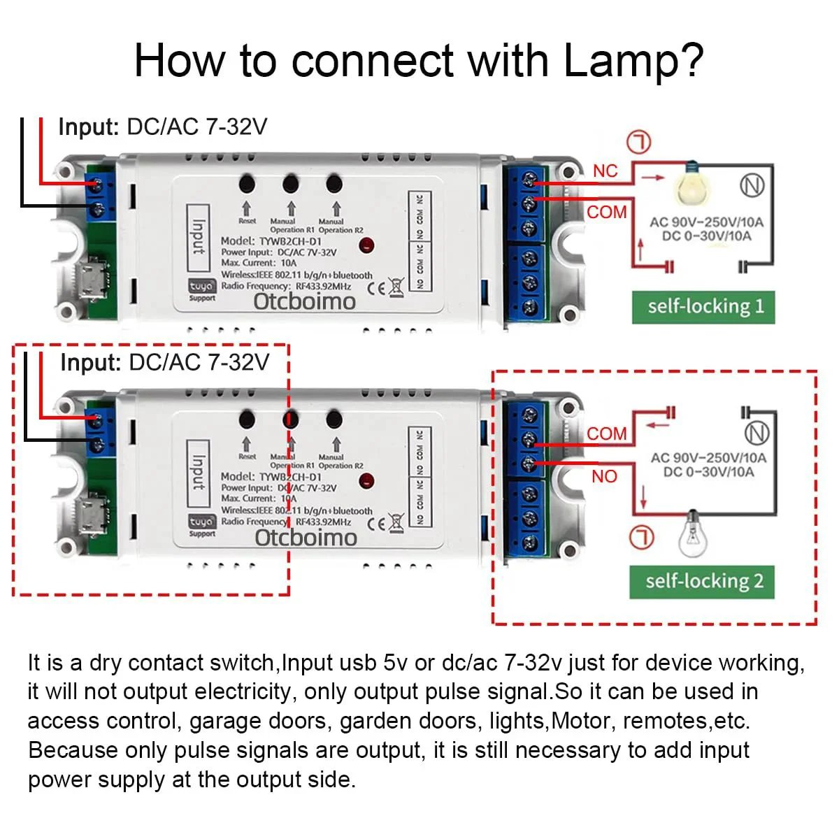 How to connect Smart WiFi Relay Switch For Linear Actuators And Garage Doors, 2 Channel DC12V 24V Tuya Compatible, diagram