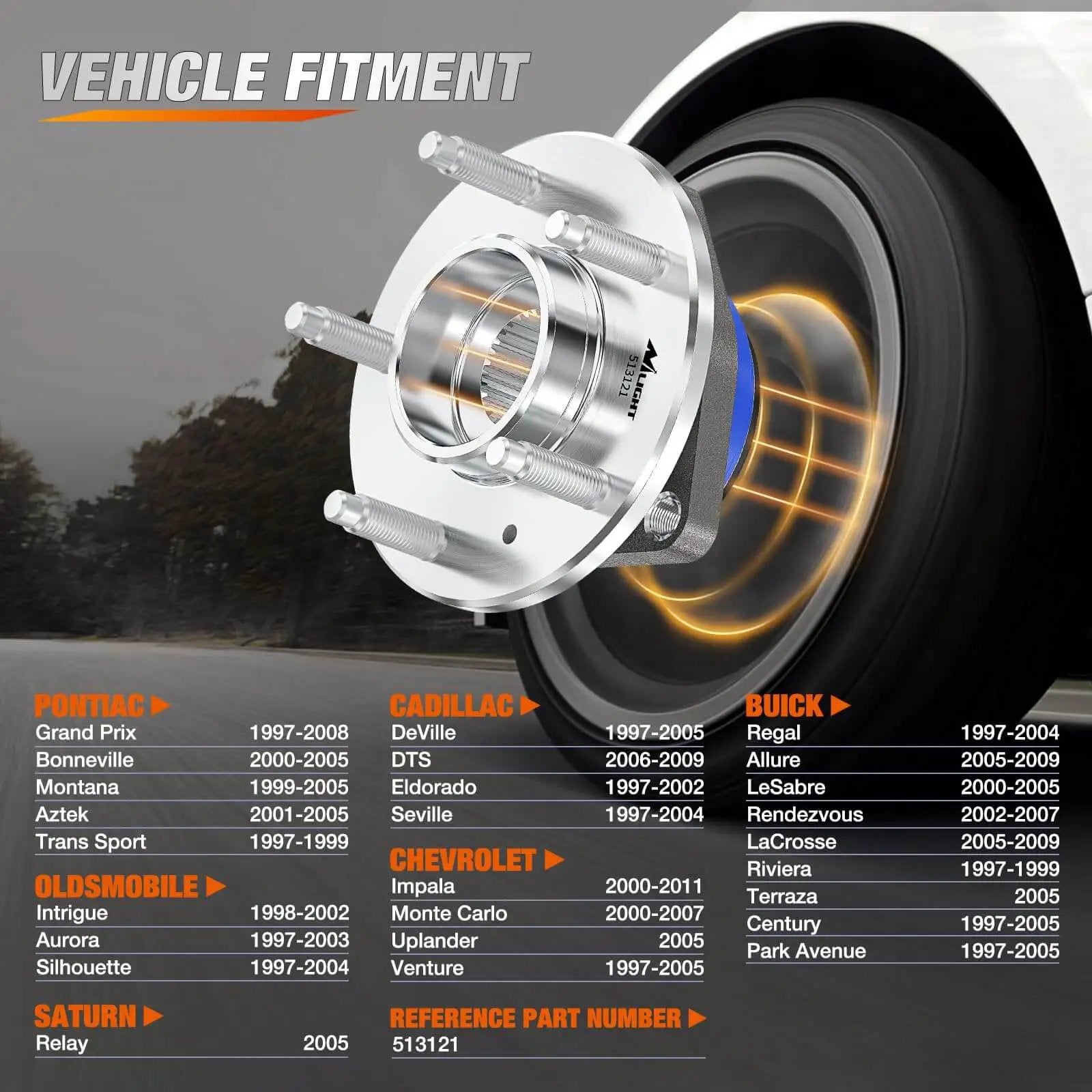 Single Front Wheel Hub and Bearing Assembly w/ ABS, Speed Sensor Included, Fits Chevy Impala 2000-2011 product details