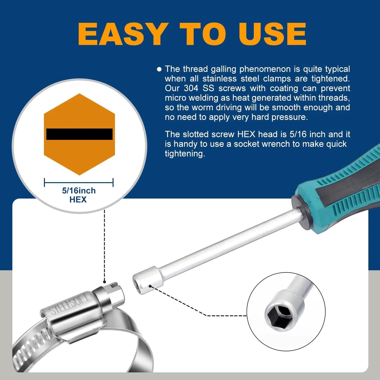 Non Stripping Worm Gear Hose Clamp Micro Size Four For Three Eighths To Five Eighths Inch Hoses, Adjustable Stainless Steel, Rolled Band Edge Protection, One Piece Welded Housing, 20 Pack By Steelsoft with hex head detail and screwdriver