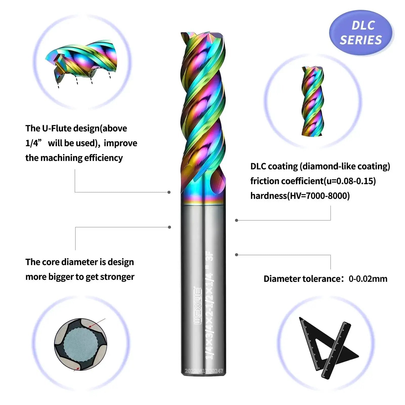 Diamond-Like Coated Square End Mill Set for Aluminum Copper Magnesium Alloys High Silicon Aluminum and Composite Materials Three-Flute One Quarter Inch Shank Tungsten Carbide End Mills Two Pieces DLC Coating HV7000 Hardness displayed with features and design details.