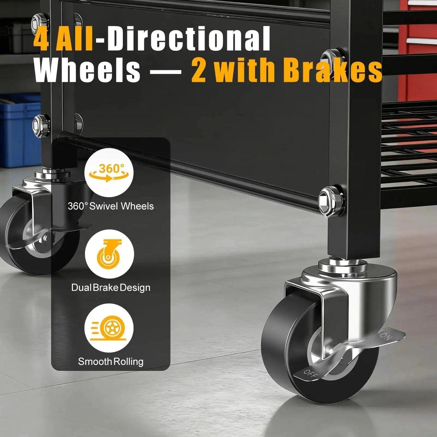 Close-up of Heavy Duty 3 Tier Metal Utility Cart With Locking Casters displaying wheels and dual brake design for smooth rolling