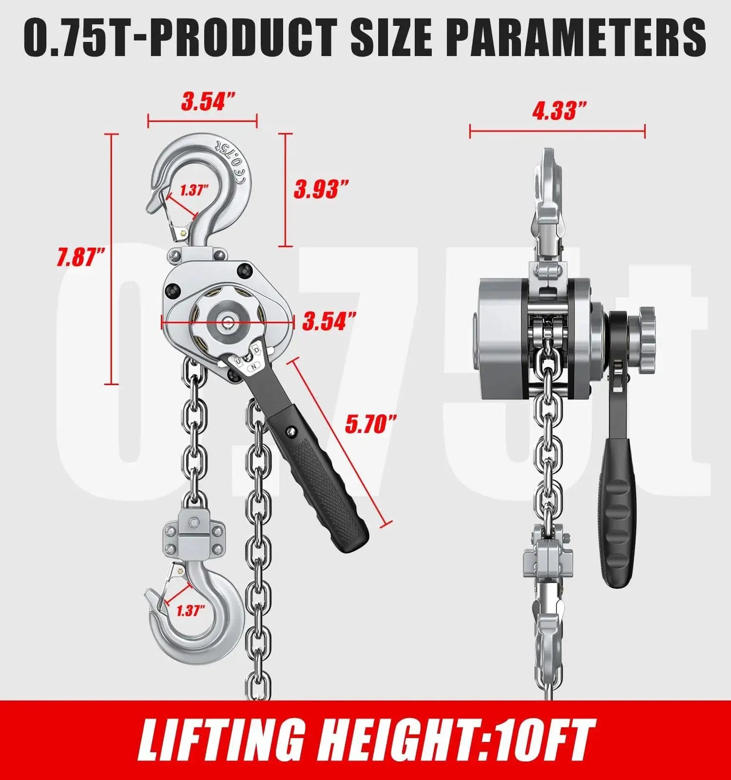 Compact Mini Lever Hoist Three Quarter Ton Capacity 1650 Lbs 10 Ft Lift Aluminum Housing G80 Chain Dual Brake Puller