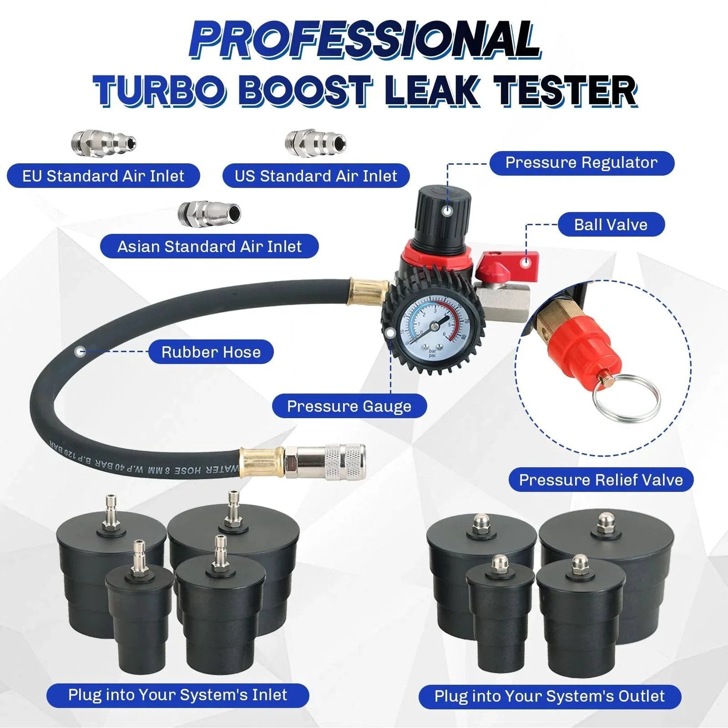 Beefed-Up Turbo System Leakage Tester Kit For Auto Turbo Boost Leaks, 12-Piece Set With 4 Pairs Of Stepped Adapters Display