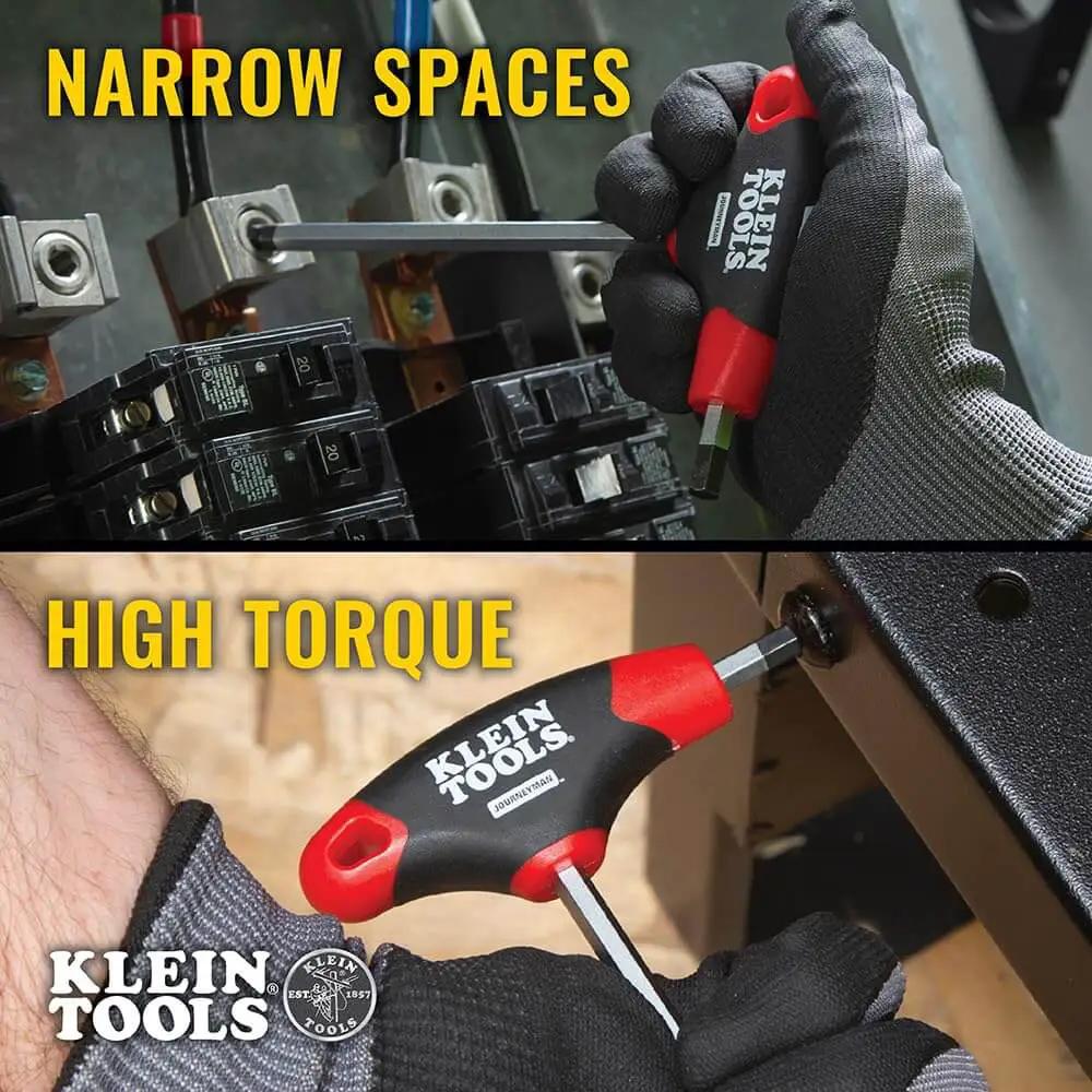 Ball End Hex Key Set With 6 Inch Blades For Angled Access And Tight Spots 10 Piece SAE Inch Wrench Kit With Stand Pro Grade Journeyman Dual Material Handles Rust Resistant Treated Steel Double Ended Keys Klein Tools, shown in use for narrow spaces and high torque applications.