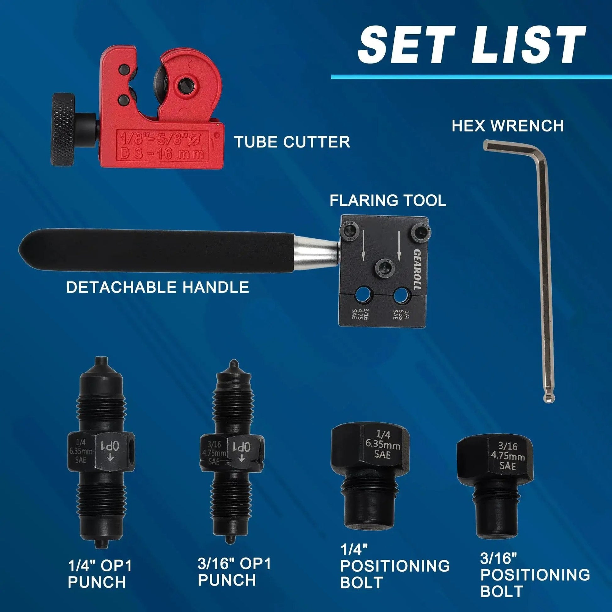 Brake Line Flaring Tool Kit For 3/16 And 1/4 Tubes With SAE 45 Degree Flares showing flaring tool, tube cutter, punches, and hex wrench.