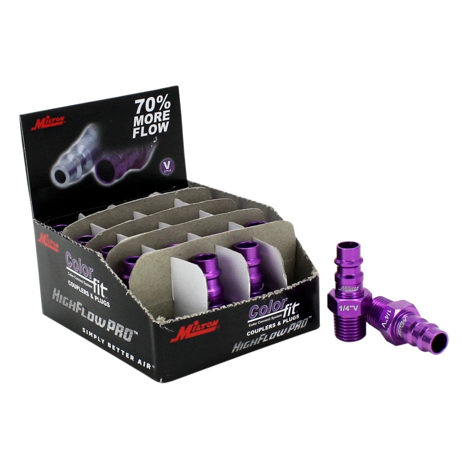 Box of ColorFit HighFlowPRO V Style Purple Air Line Plugs Quarter Inch NPT Male Box Of 20 760VC20 with a single plug displayed