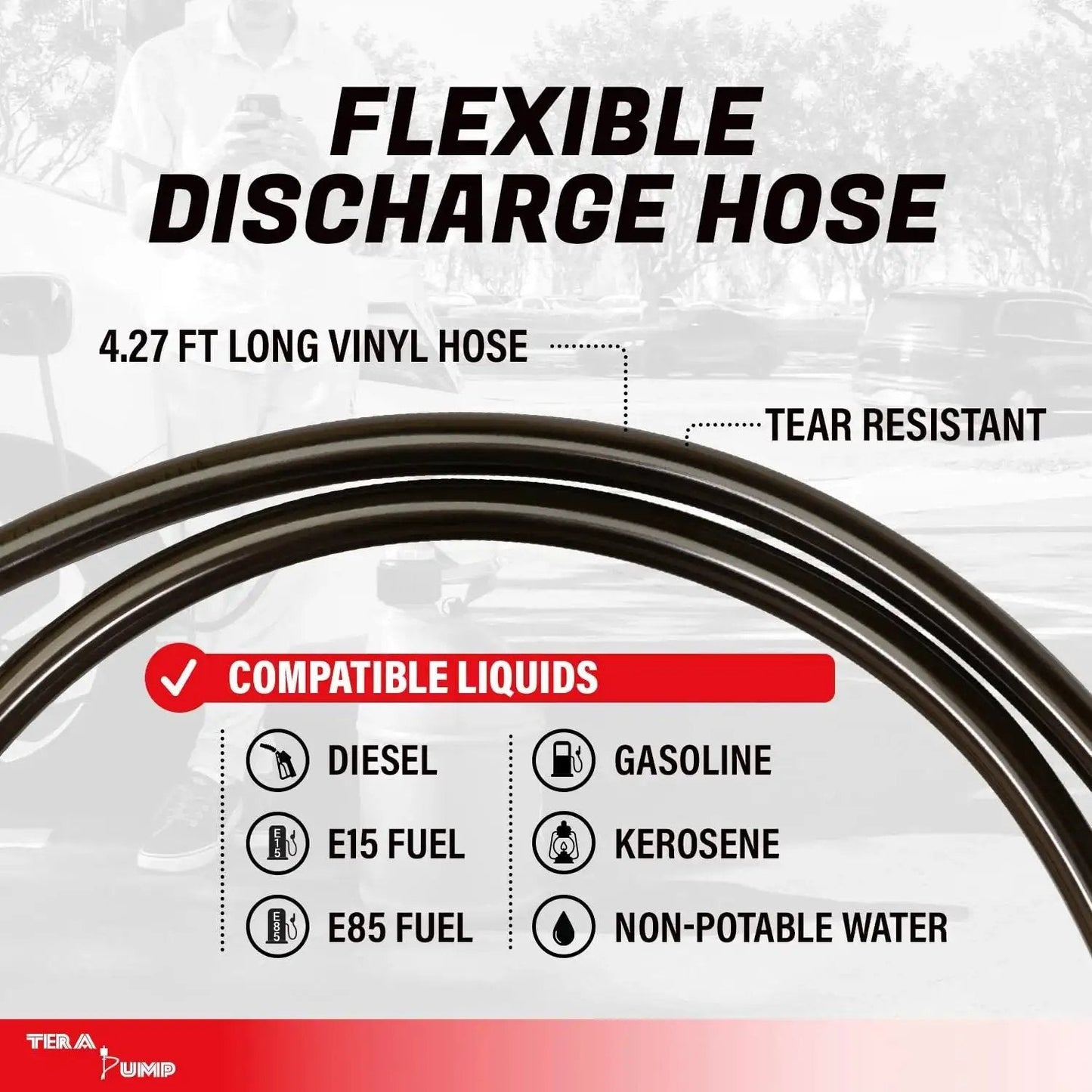 Flexible discharge hose for Battery Powered Fuel Transfer Pump With Overfill Protection 2.5 GPM 4.27 Ft Hose