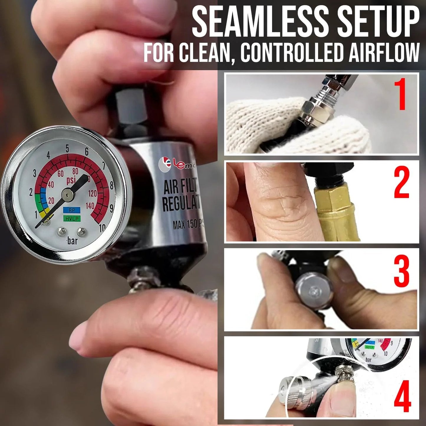 Pro Grade Spray Gun Regulator With Gauge And Water Separator For Paint Guns And Pneumatic Tools 1/4 Inch NPT Inline Air Filter setup