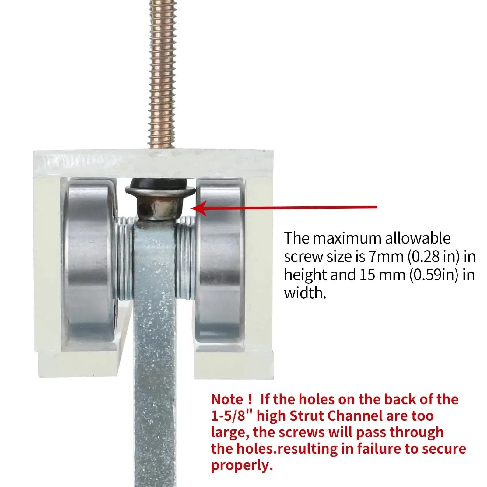 Side view of Electric Hoist Trolley Assembly with 8 Wheel Rollers for 1-5/8 inch wide strut channel showing screw size limit and warning note.