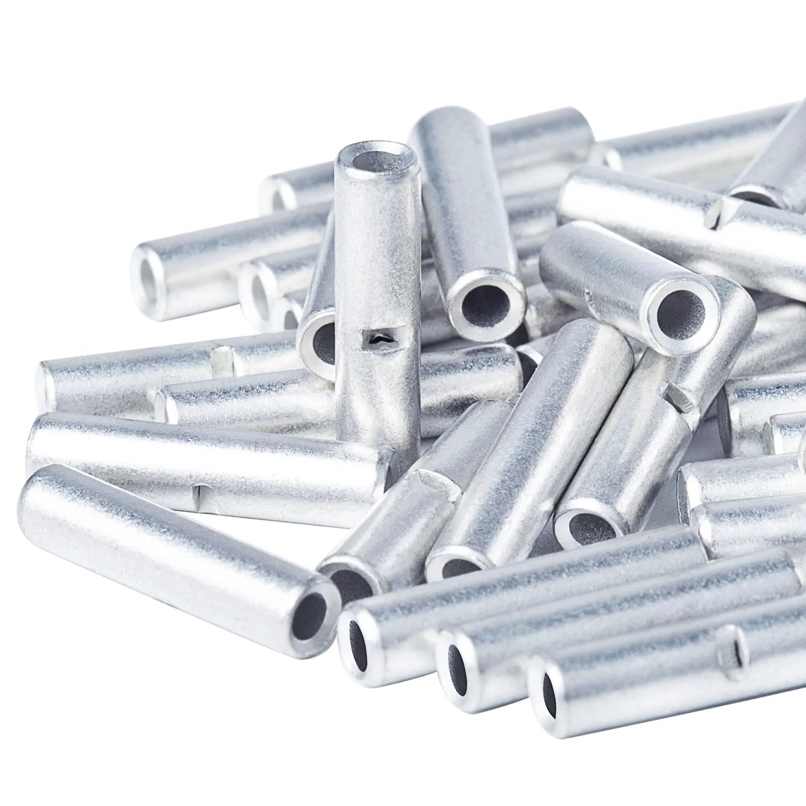 Non Insulated Butt Connectors for 22 to 16 AWG, 100 Pc Pack, Bare Copper Crimp Splice Terminals in a pile