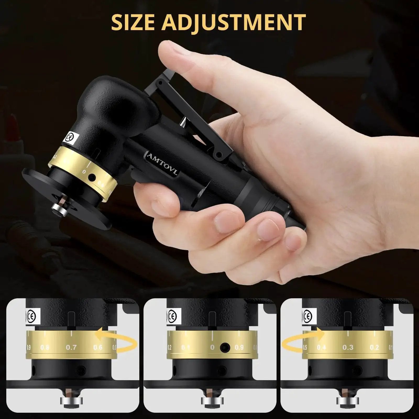 Hand holding Ultra Compact Pneumatic Chamfering Tool Kit With Ten C Angle And Ten R Angle Blades, showing size adjustment.