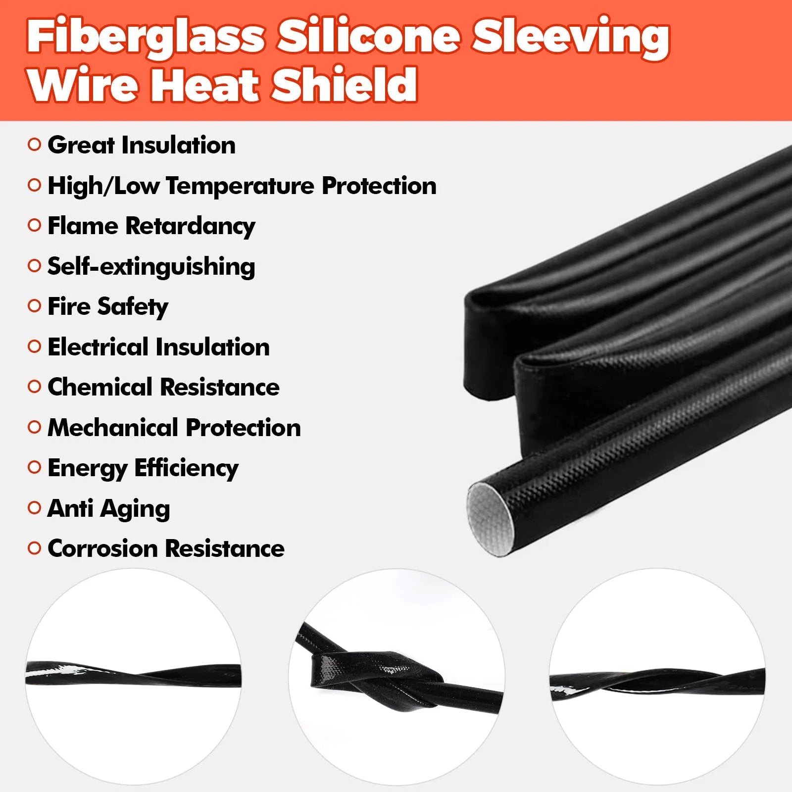 Silicone Fiberglass Cable Sleeve Heat Shield with protective features listed, 6.6 feet long, for appliances and electroheat components.