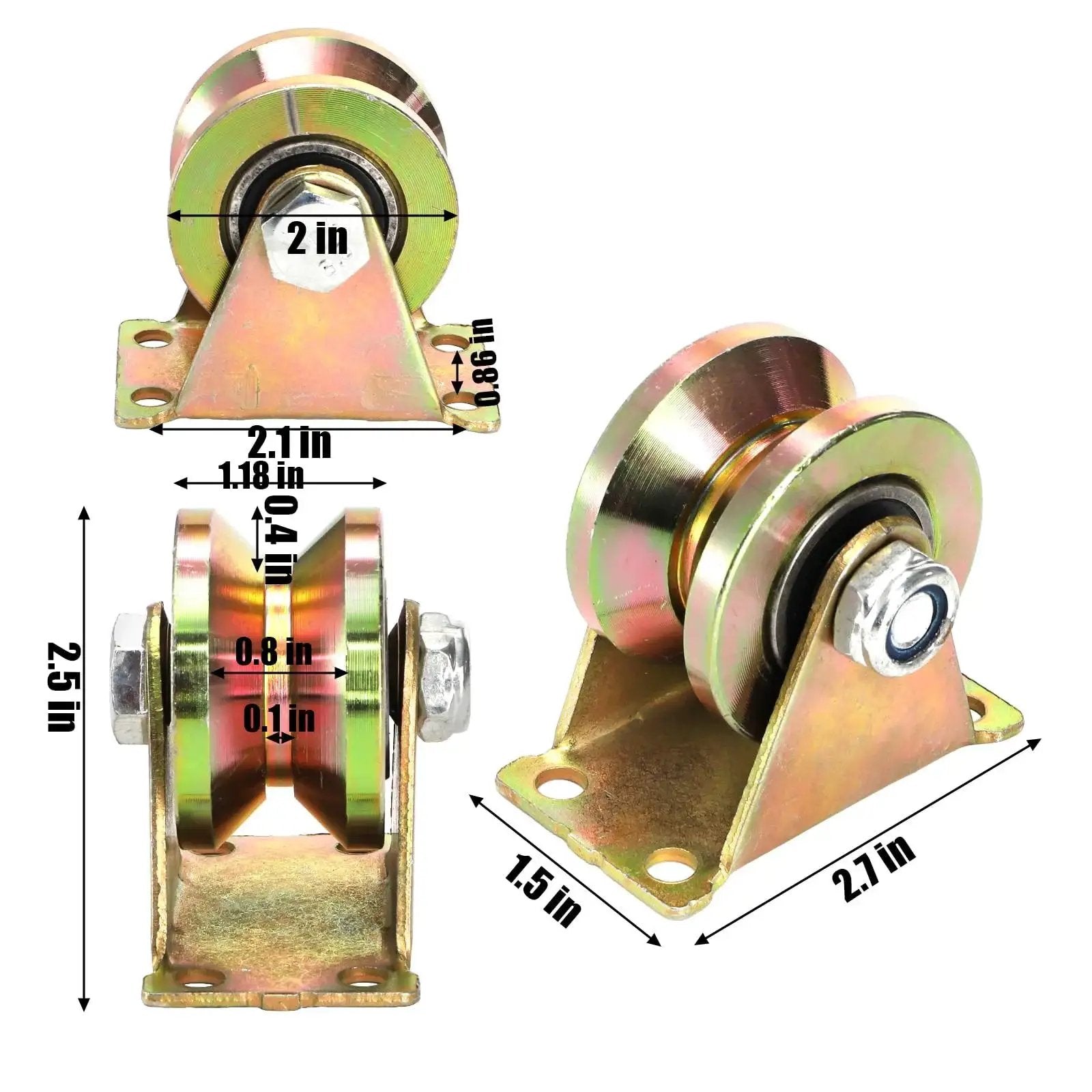 Close-up of 8 Pack 2 Inch V Groove Wheel Set For Sliding Gates And Industrial Rails Heavy Duty Steel Caster Wheels with measurements
