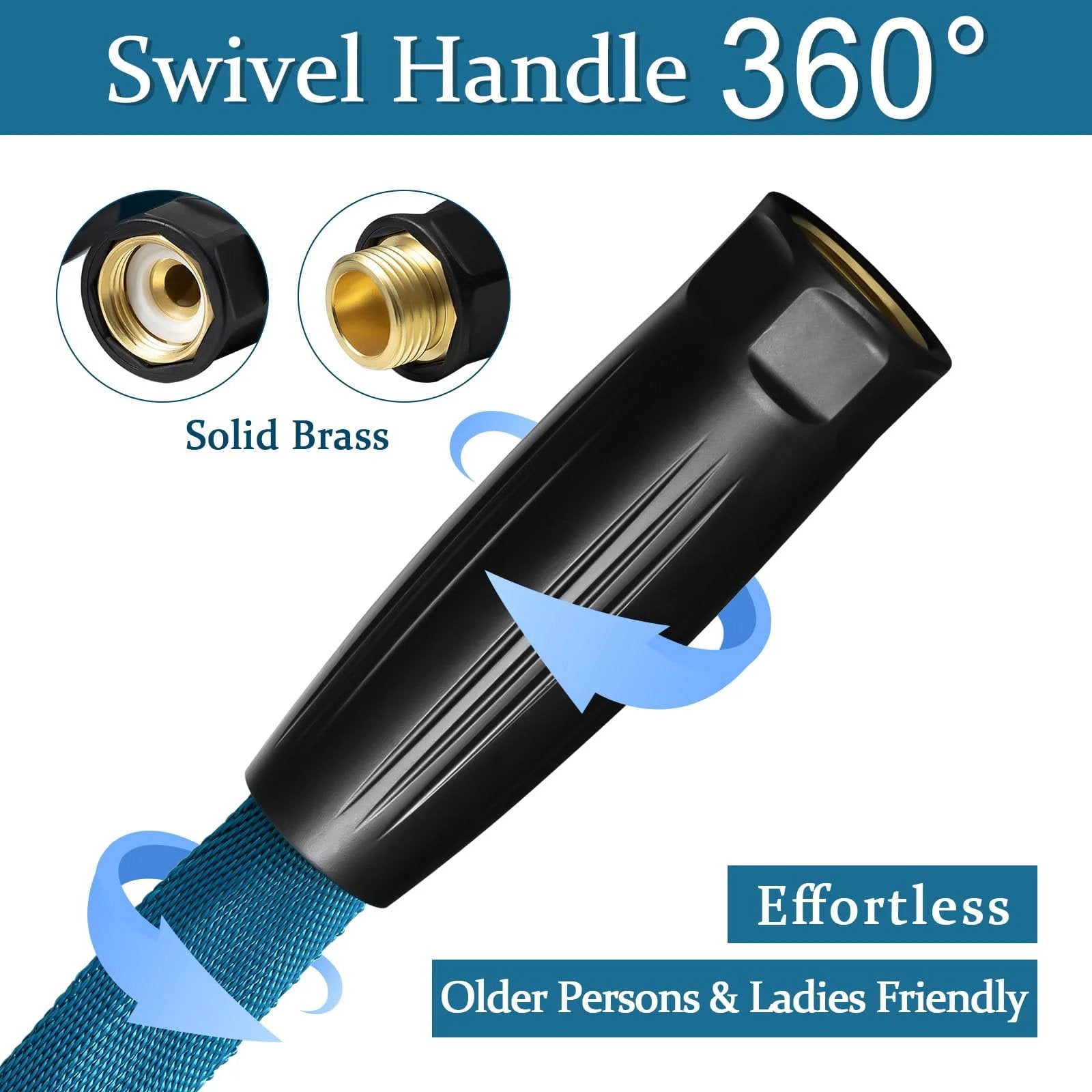 Close-up view of the swivel handle on the Ultra Light 50ft Garden Hose Made From TPE Not PVC, Sea Blue with solid brass fittings.