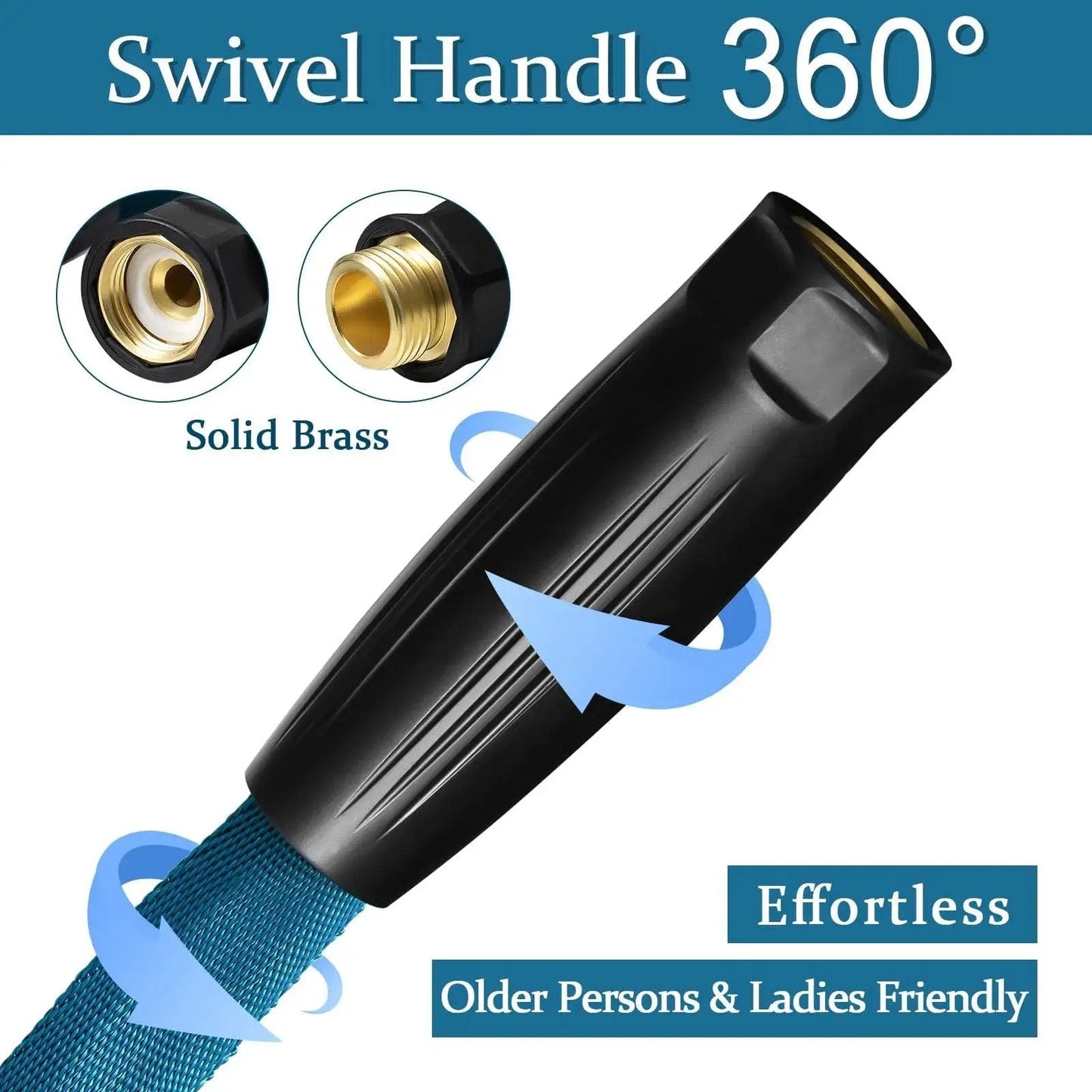 TPE Garden Hose 50 Feet Ultra Light Flexible Water Hose With Solid Brass Fittings Non Shrinking And Easy To Store Drinking Water Safe Material All Weather Sea Blue with swivel handle.