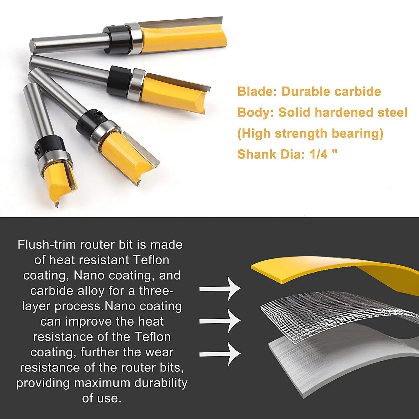 Pattern Flush Trim Router Bit Set With Bearing Guide, 1/4 inch shank, Tungsten Carbide, tearout prevention, for precise woodworking