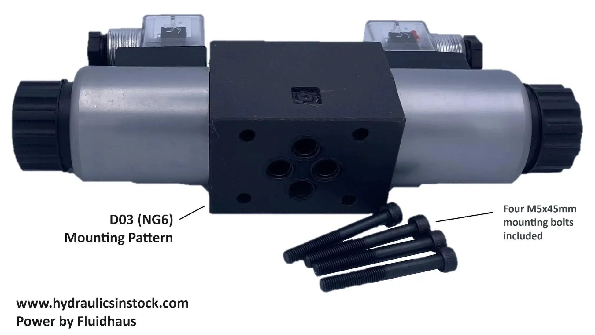 Pro Grade Heavy Duty Hydraulic Electric Solenoid Valve D03 NG6 With 12VDC DIN Connector front view with mounting bolts