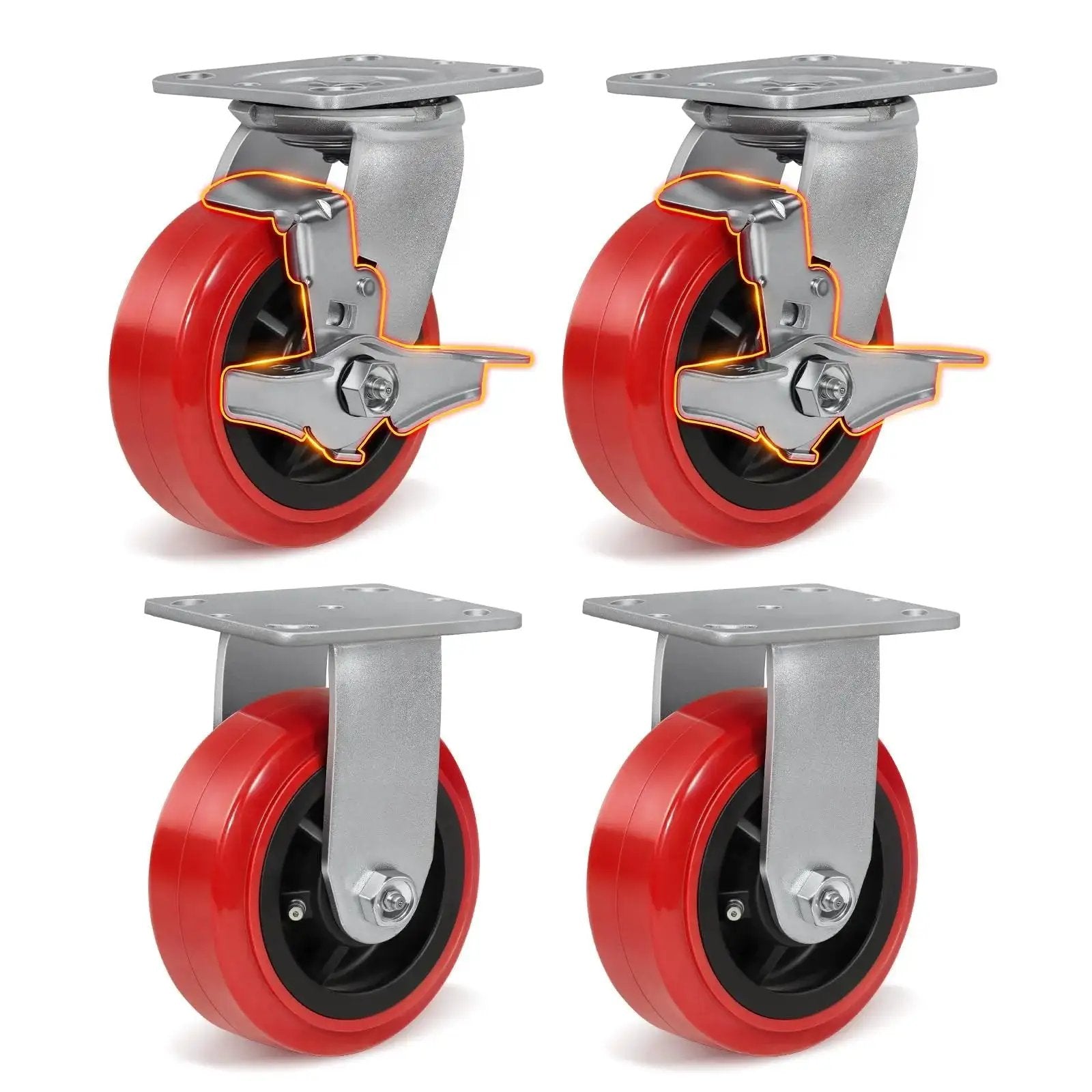 5 Inch Polyurethane Caster Set Of 4 Heavy Duty 3200 Lb Capacity For Tool Carts And Workbenches 2 Swivel With Brakes And 2 Rigid