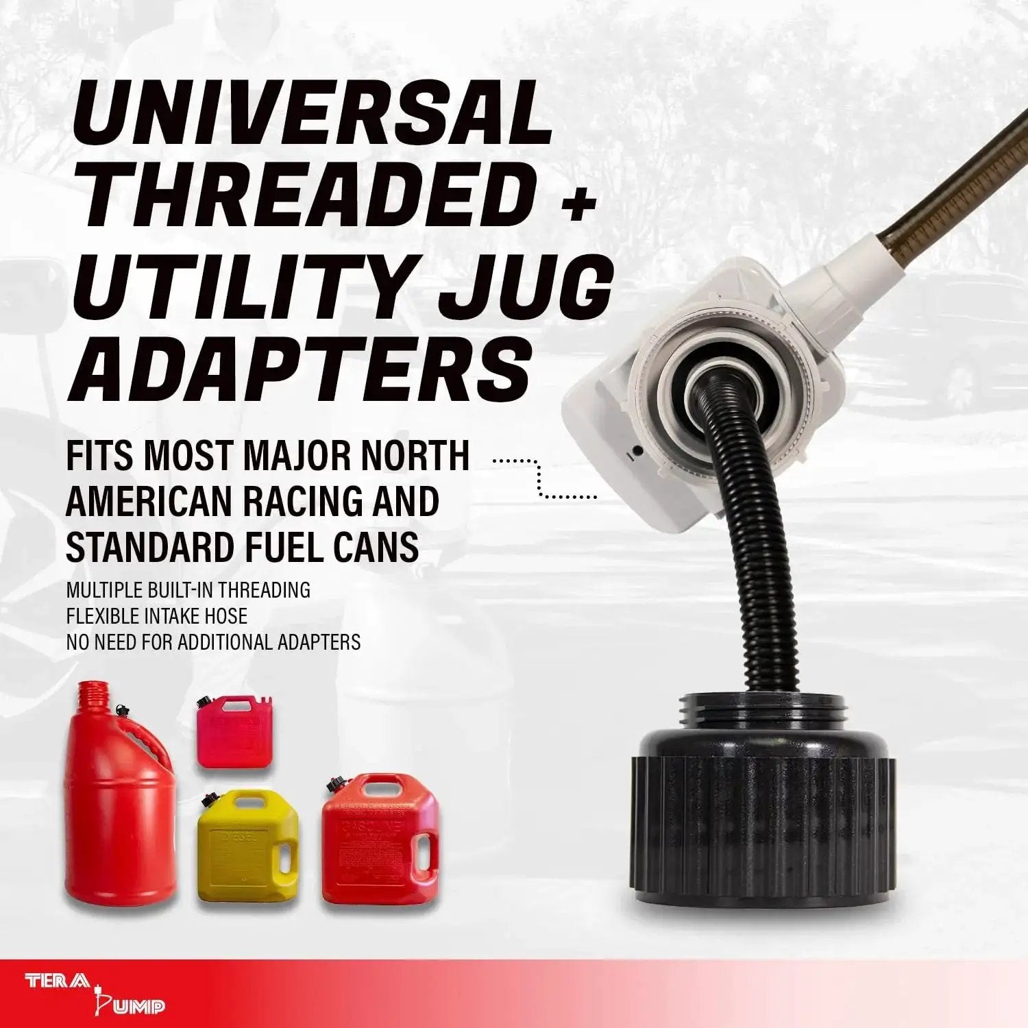 Adapters for Battery Powered Fuel Transfer Pump With Overfill Protection 2.5 GPM 4.27 Ft Hose, various fuel cans shown