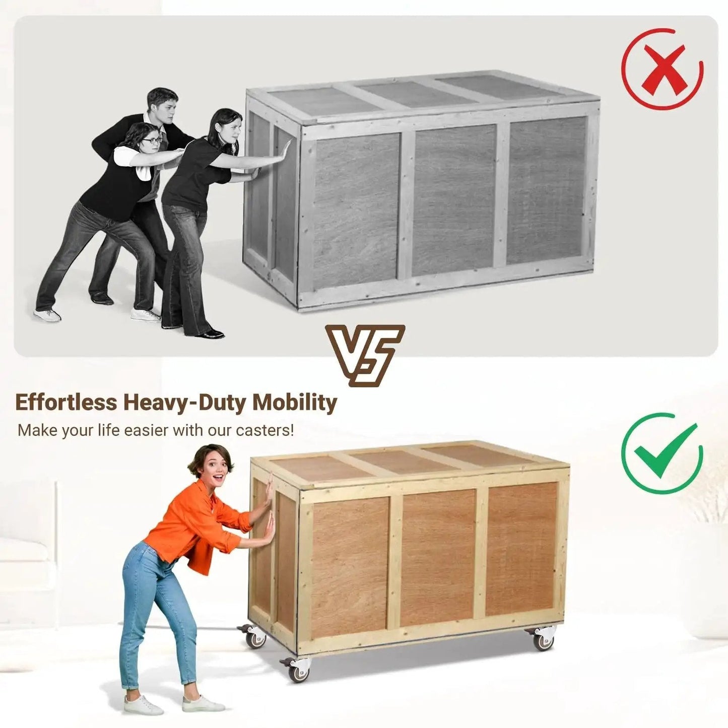 Comparison of people pushing a heavy crate versus using silent 2 inch rubber caster wheels with brakes for effortless mobility.