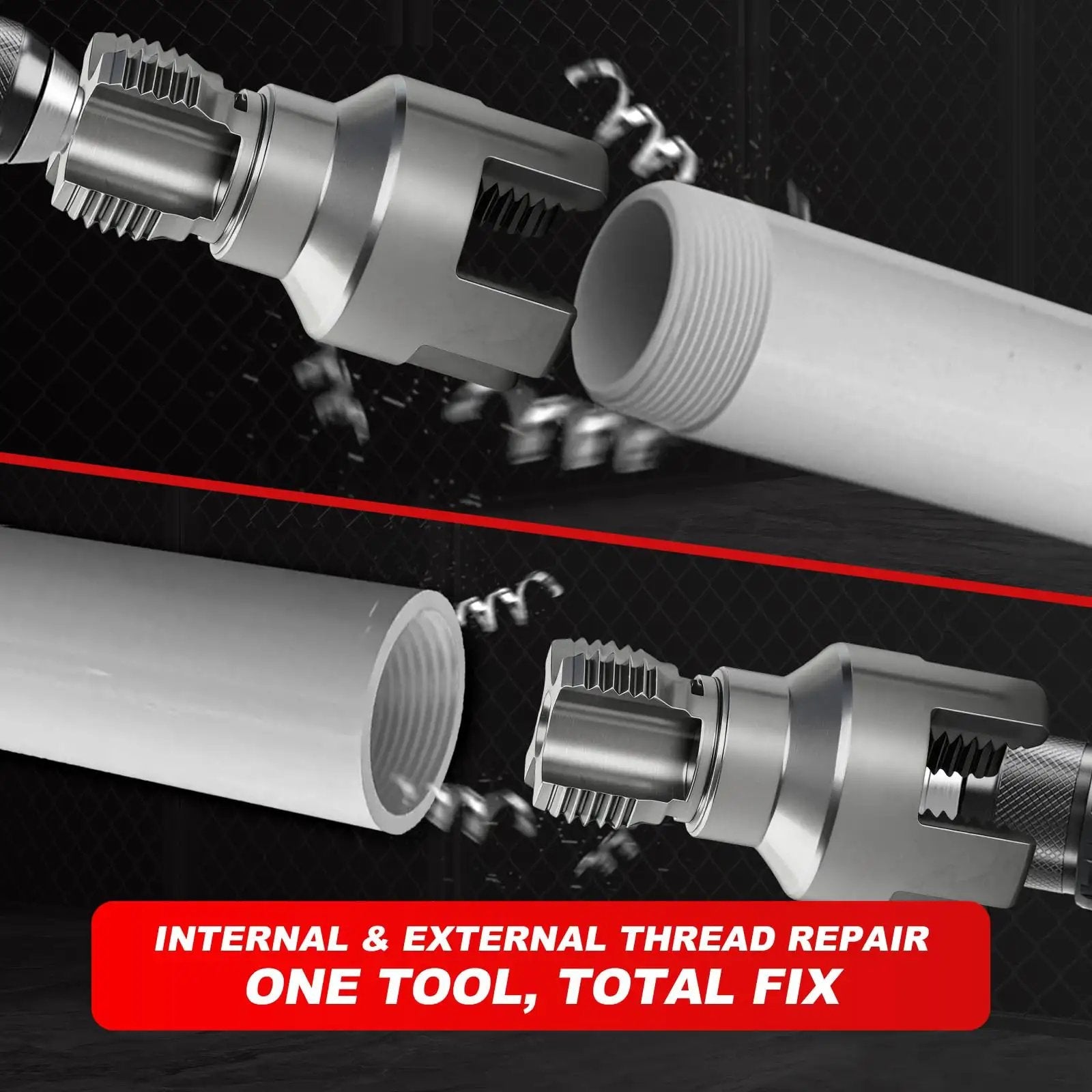 Two Piece Pipe Threading Tool Kit For Water Pipes With Half Inch And Three Quarter Inch Internal And External Threaders Alloy Steel Construction Drill Compatible Grab And Go DIY Plumbing Solution For Home And Pro Projects showcasing internal and external threading on pipes