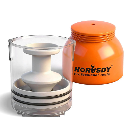 Premium Wheel Bearing Packer Tool Kit With Self Contained Piston For Effortless Repacking And Old Grease Flush, orange and clear parts