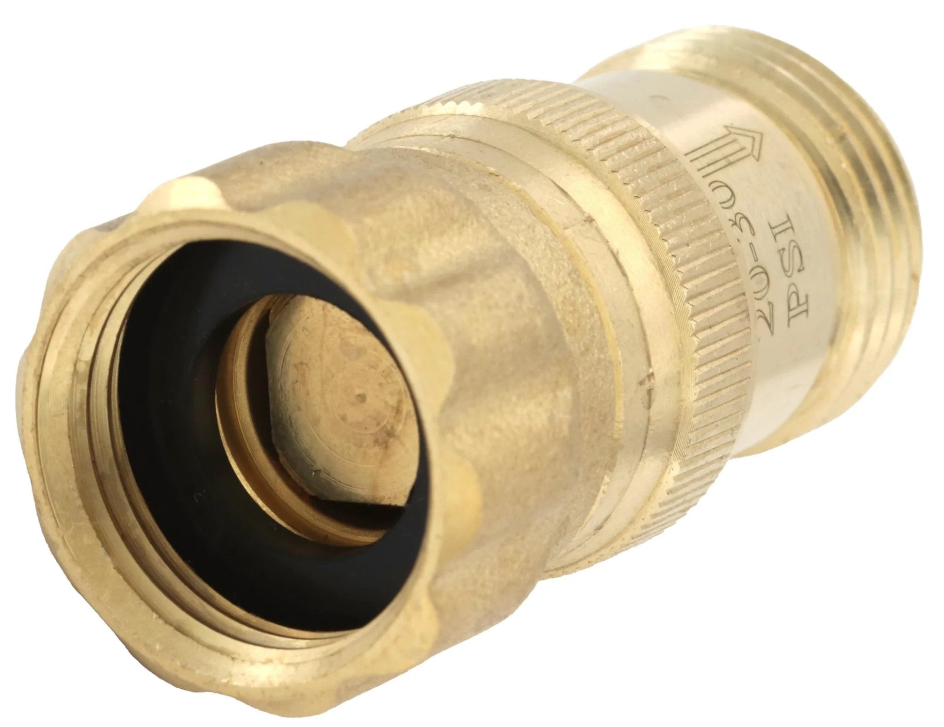 Close-up of Lead Free Brass Water Pressure Regulator For Drip Irrigation Systems Three Quarter Inch Hose Thread Ensures 20 To 30 PSI Output