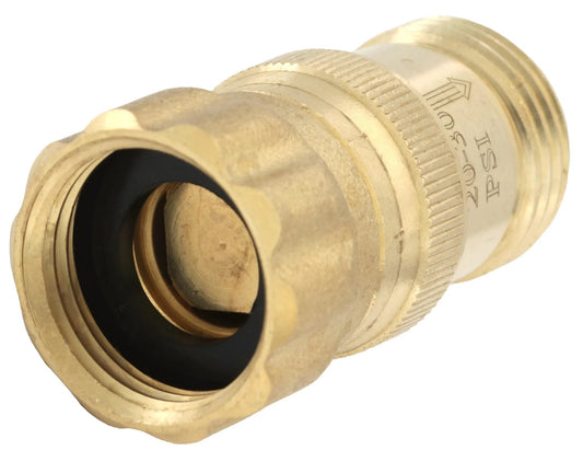 Close-up of Lead Free Brass Water Pressure Regulator For Drip Irrigation Systems Three Quarter Inch Hose Thread Ensures 20 To 30 PSI Output