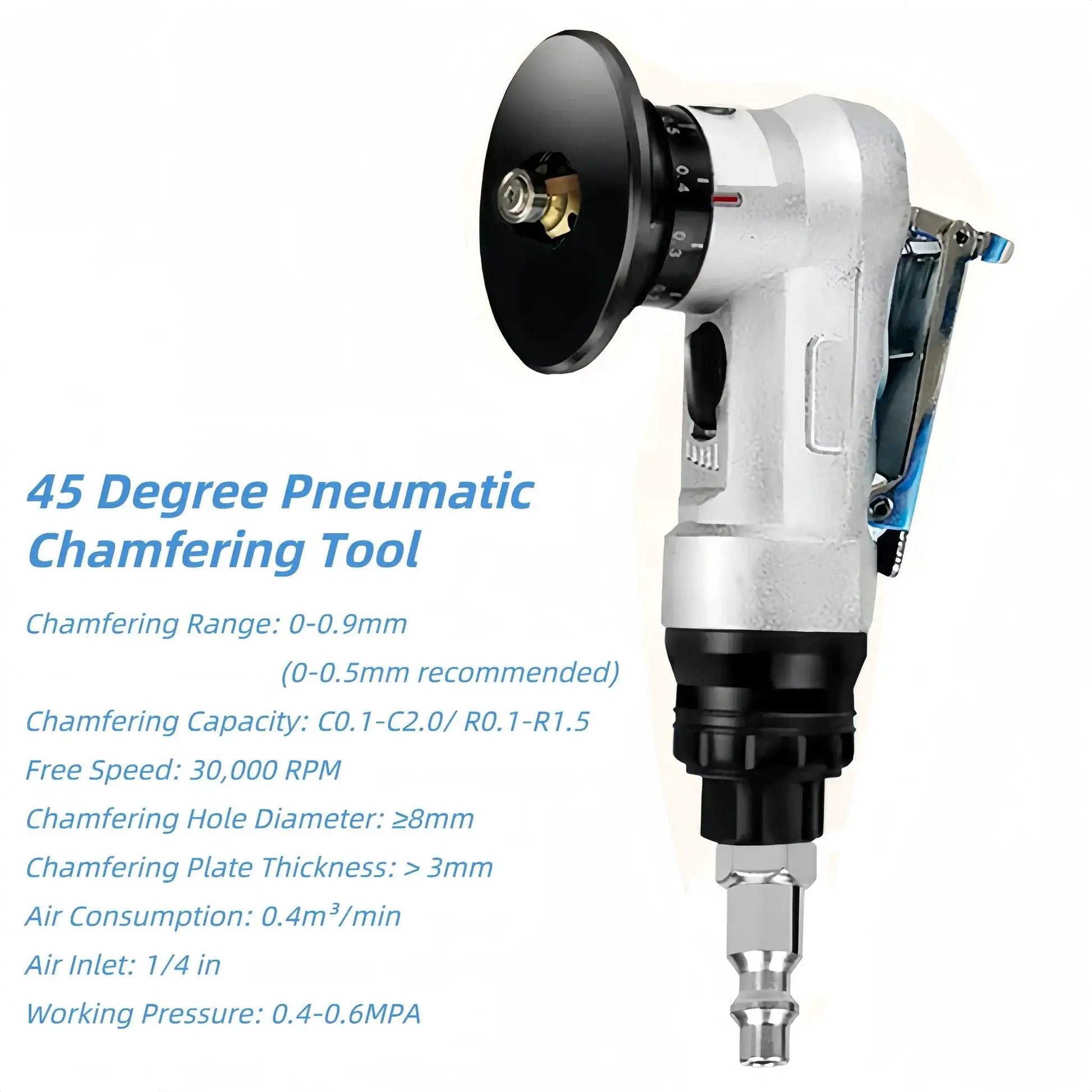 Side view of 45 Degree Pneumatic Chamfering Tool For Metalworking, Mini Air Tool With 1/4 Inch Inlet, 30,000 RPM, and aluminum shell