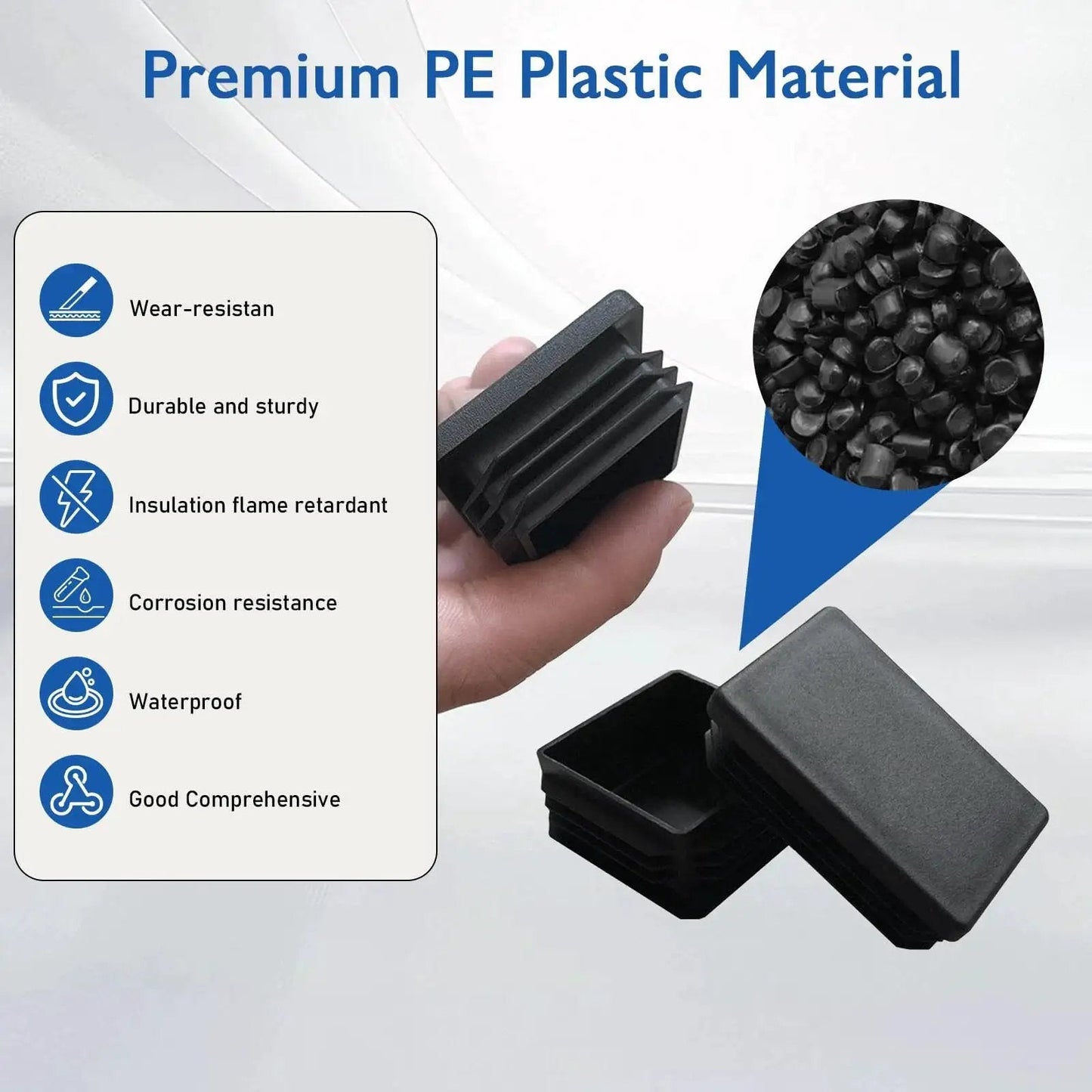 Rectangular Tubing End Caps Four Pack for 2 By 4 Inch Tubes Plastic Black End Plugs, image of hand holding end cap with durability features