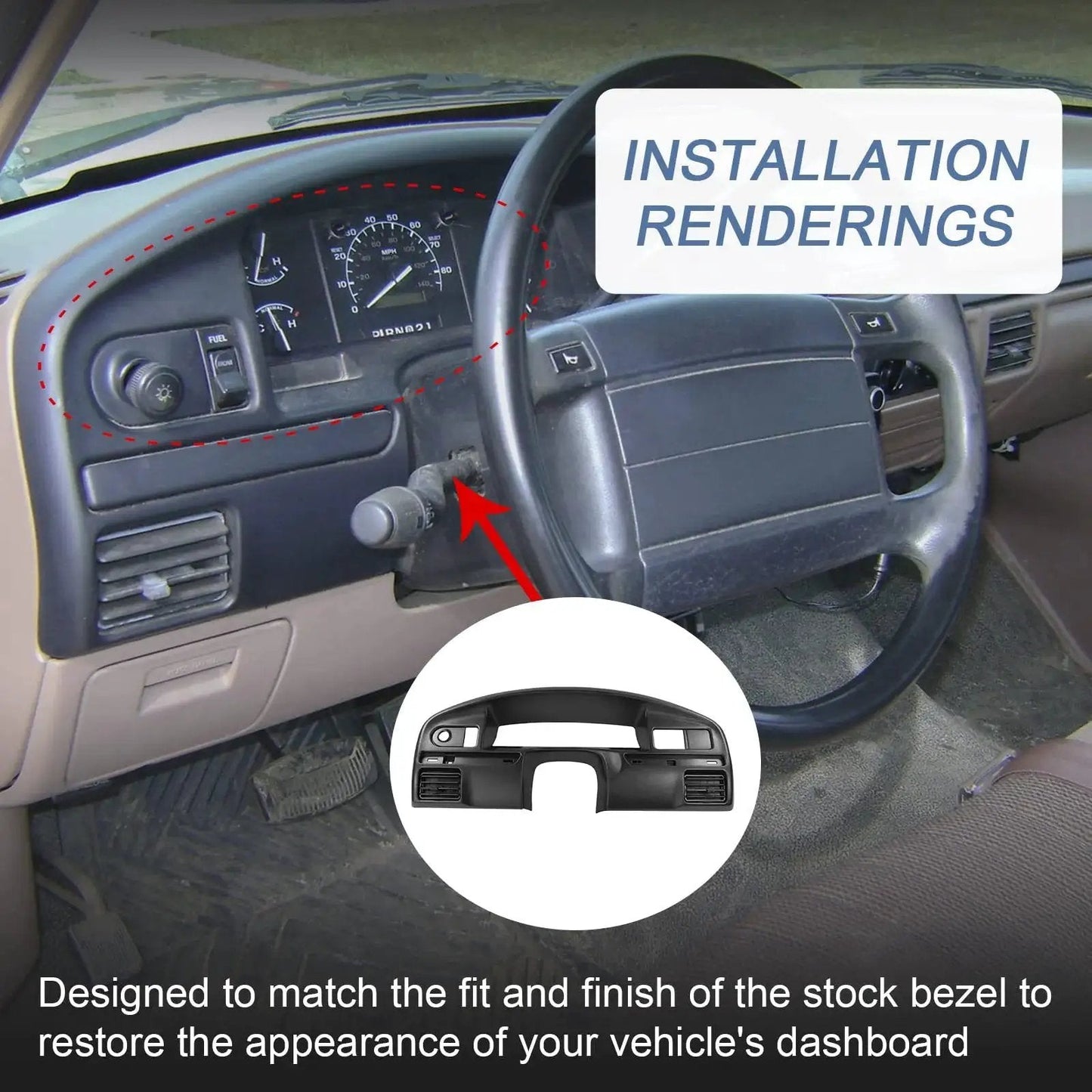 Installed Diesel Instrument Dash Cluster Bezel for 1994-1997 Ford F-250 F-350 Super Duty inside truck interior
