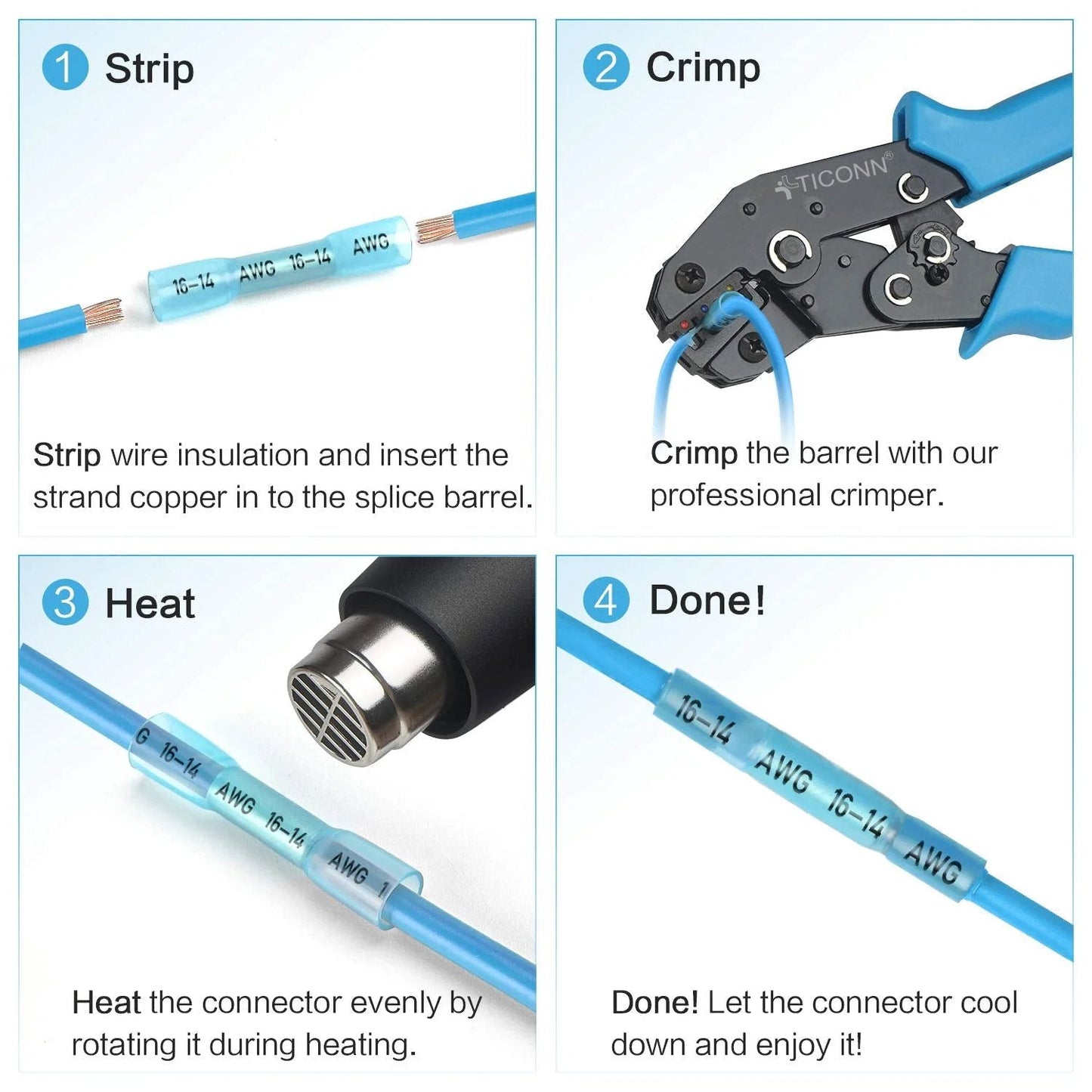 Four-step usage guide for Heavy Duty Heat Shrink Butt Wire Connector Kit For Marine And Automotive Wiring by TICONN, including crimping and heating.