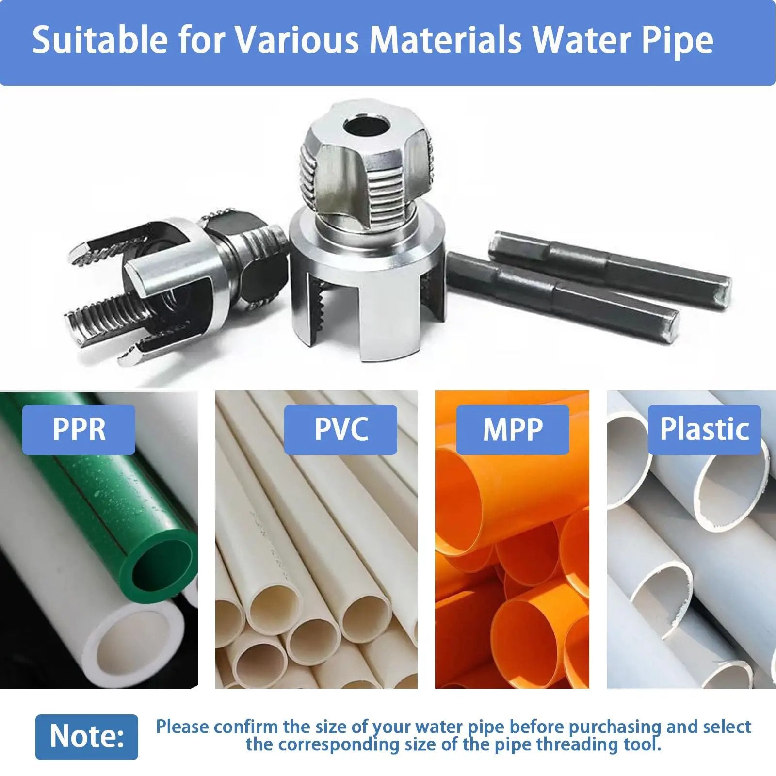 2026 New Pipe Tapping And Threading Tool For PVC Pipes One Half Three Quarter And One Inch Sizes shown with pipe samples