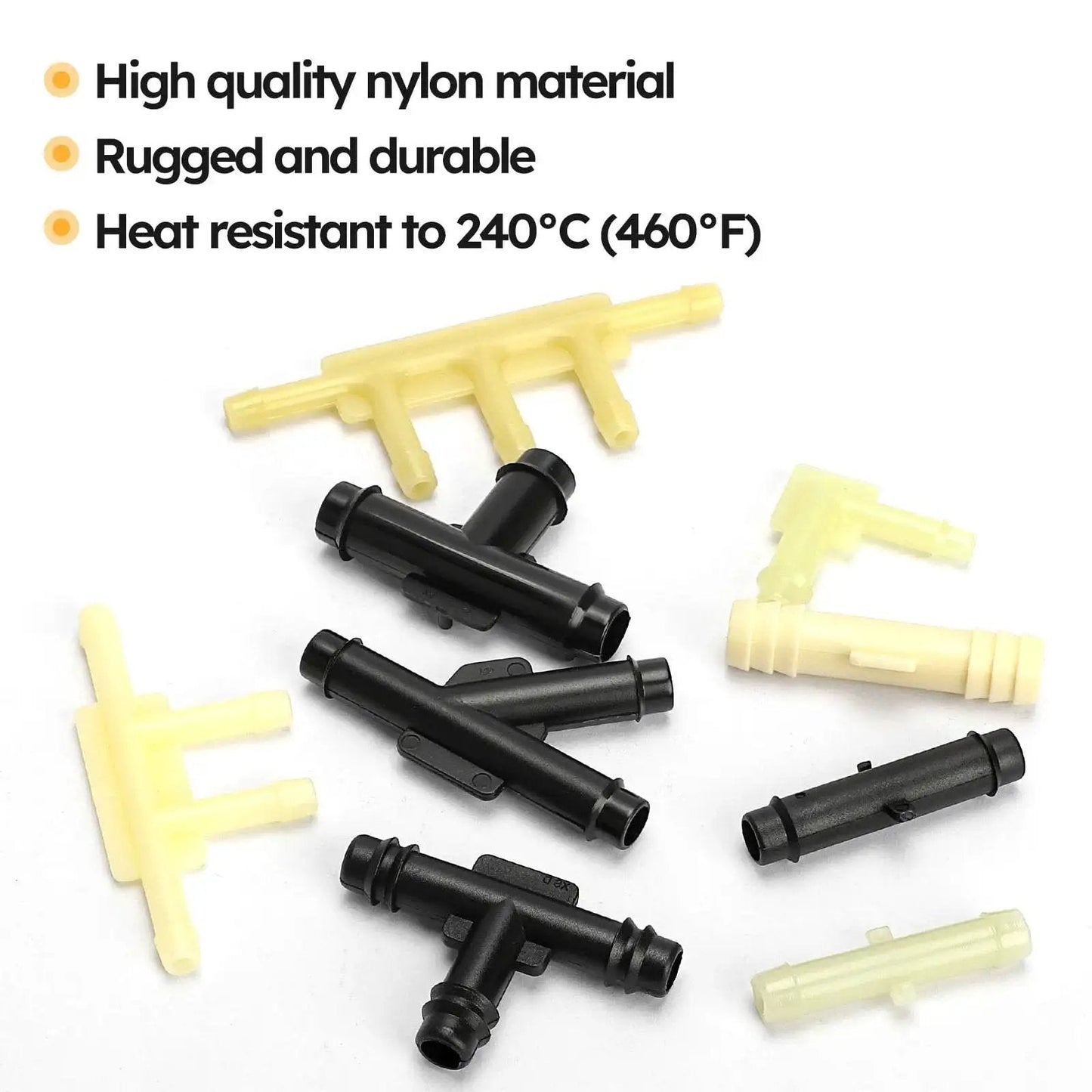 Automotive Vacuum Tubing Connector Kit with nylon fittings, featuring various black and beige connectors, suitable for numerous car repairs.