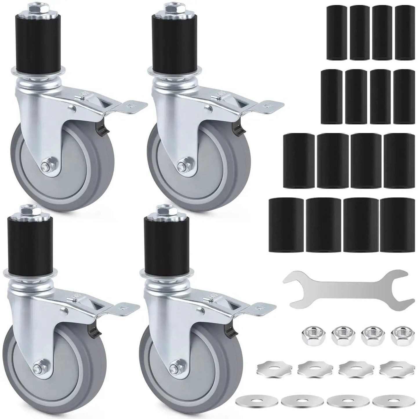 Four Inch Universal Adjustable Caster Wheels Set With Brakes For Tube Legs From 7/8 Inch To 1-5/8 Inch Fits Stainless Steel Tables Carts Furniture Legs And Kitchen Workbenches Four Pack Heavy Duty Expanding Stem Casters with accessories.