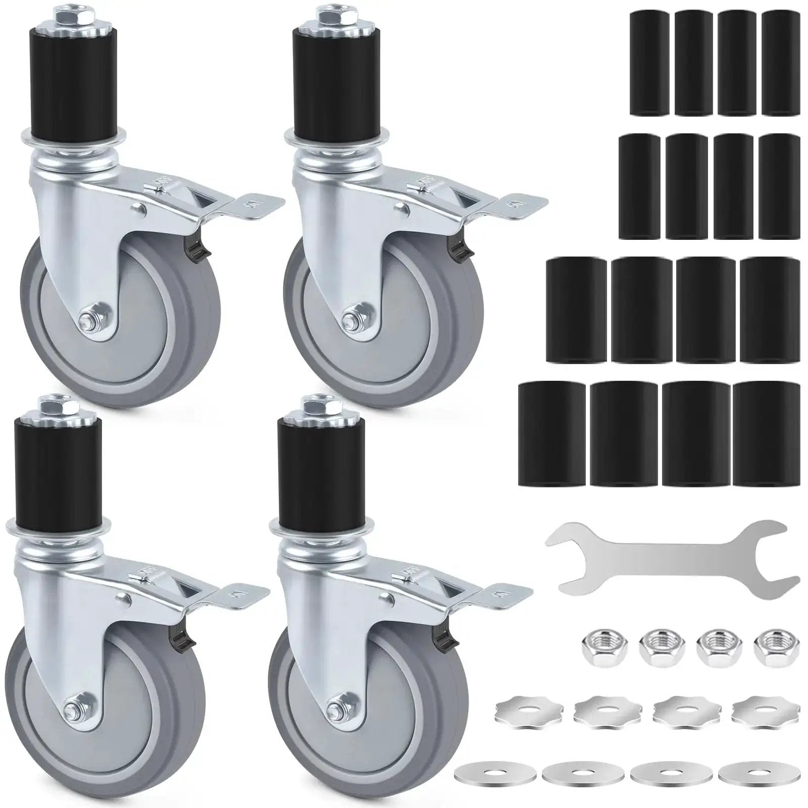 Four Inch Universal Adjustable Caster Wheels Set With Brakes For Tube Legs From 7/8 Inch To 1-5/8 Inch Fits Stainless Steel Tables Carts Furniture Legs And Kitchen Workbenches Four Pack Heavy Duty Expanding Stem Casters with accessories.