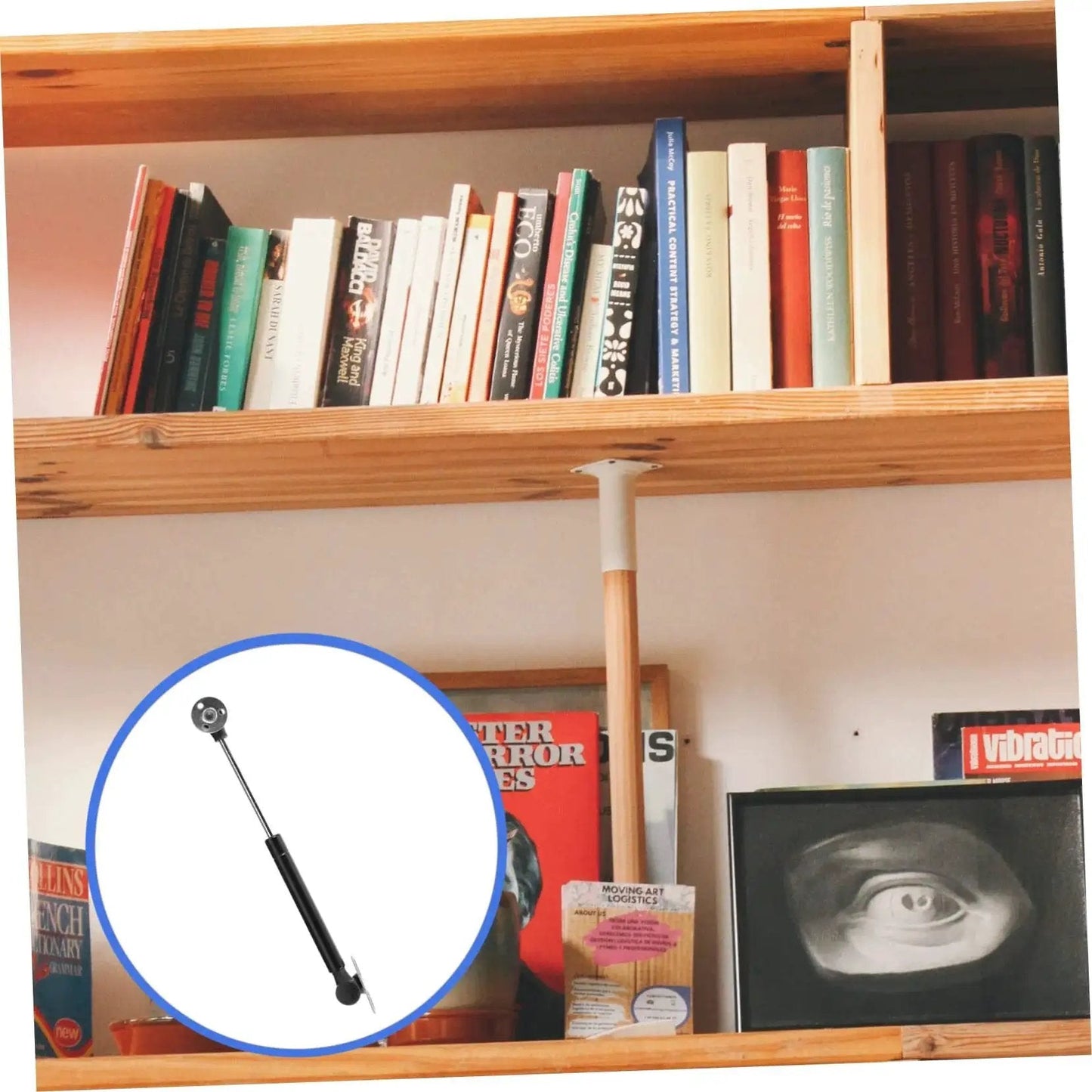 Heavy Duty Gas Spring Hinge With Soft Close For Cabinet Doors And Lids, installed on a wooden shelf for support