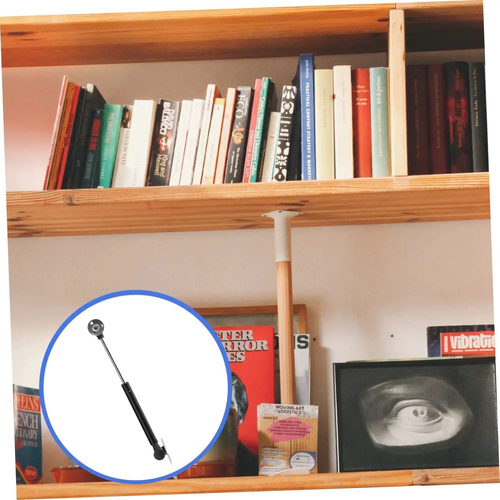 Heavy Duty Gas Spring Hinge With Soft Close For Cabinet Doors And Lids, installed on a wooden shelf for support