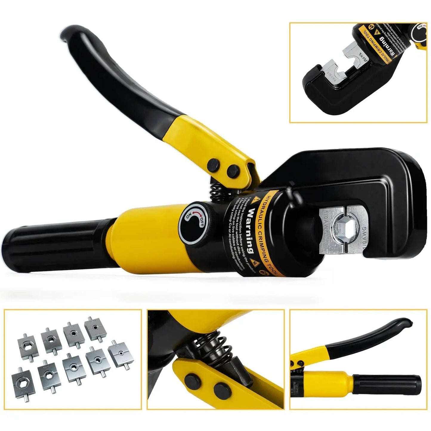 Beefy 10 Ton Hydraulic Crimping Tool Set For 12 AWG To 00 Cable With 9 Hex Dies Battery Cable Crimper Kit shown with dies and handle.