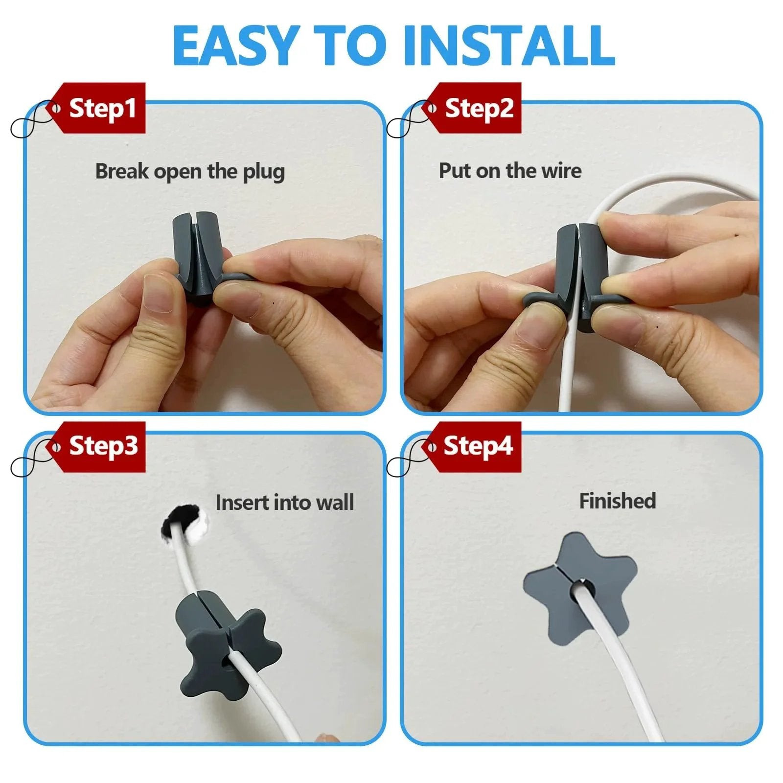 Installation guide for Four Pack Five Eighth Inch Wall Grommets For Starlink Mini Cable showing steps to insert cable in grey grommet.