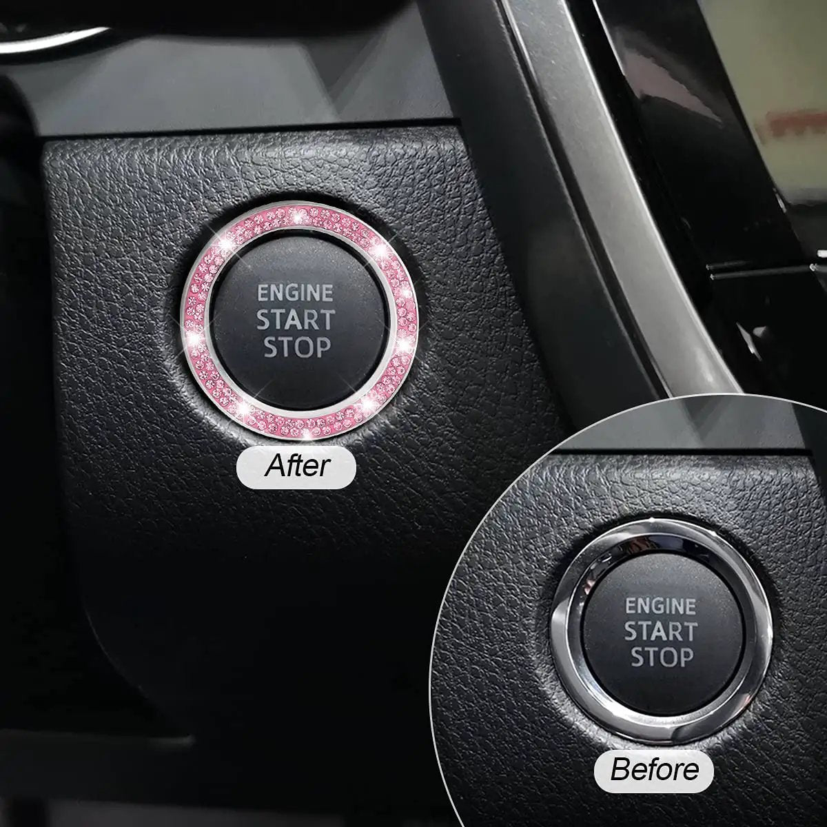 Pink Car Start Button Bling Ring Set 2 Pack Crystal Rhinestone Decals Sparkly Engine Start Cover Stickers For Women after installation and before view.