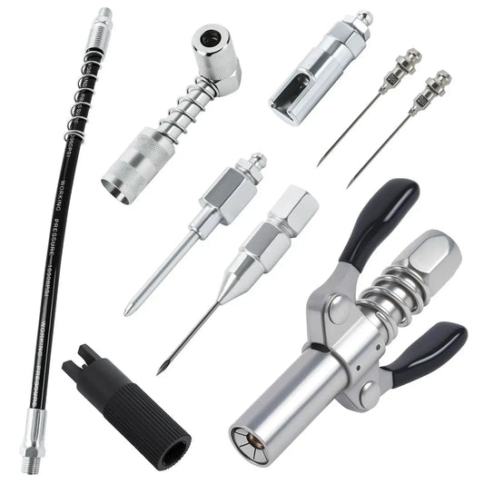 Grease Gun Accessory Kit With 12 Inch Hose Two Needle Nozzles 90 Degree Coupler Adapter With Sleeves Zerk Fitting Cleaner Set