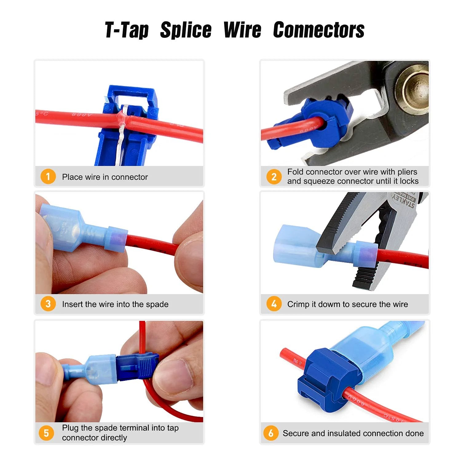 Step-by-step installation of Easy Tap Self Stripping T Tap Wire Terminal Kit with 120 Pcs 60 Pairs Quick Splice Terminals and 60 Nylon Insulated Male Disconnects for Auto Marine Wiring Nilight 50004R with 2 Year Warranty.