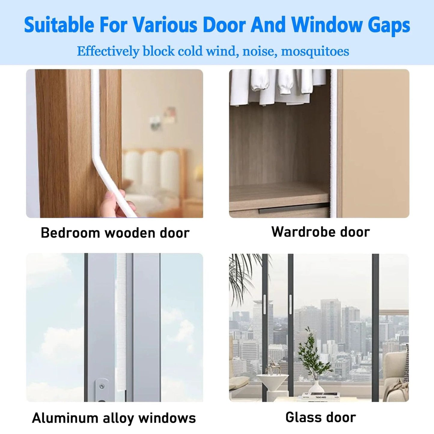 Door Draft Stopper With Felt Pile Weather Stripping For Doors And Windows 33 Feet Long Self Adhesive Blocker Dust Insects Noise Shield Sliding Door Seal For Winter 0.4 Inch Wide By 0.4 Inch Thick installed on different doors and windows.