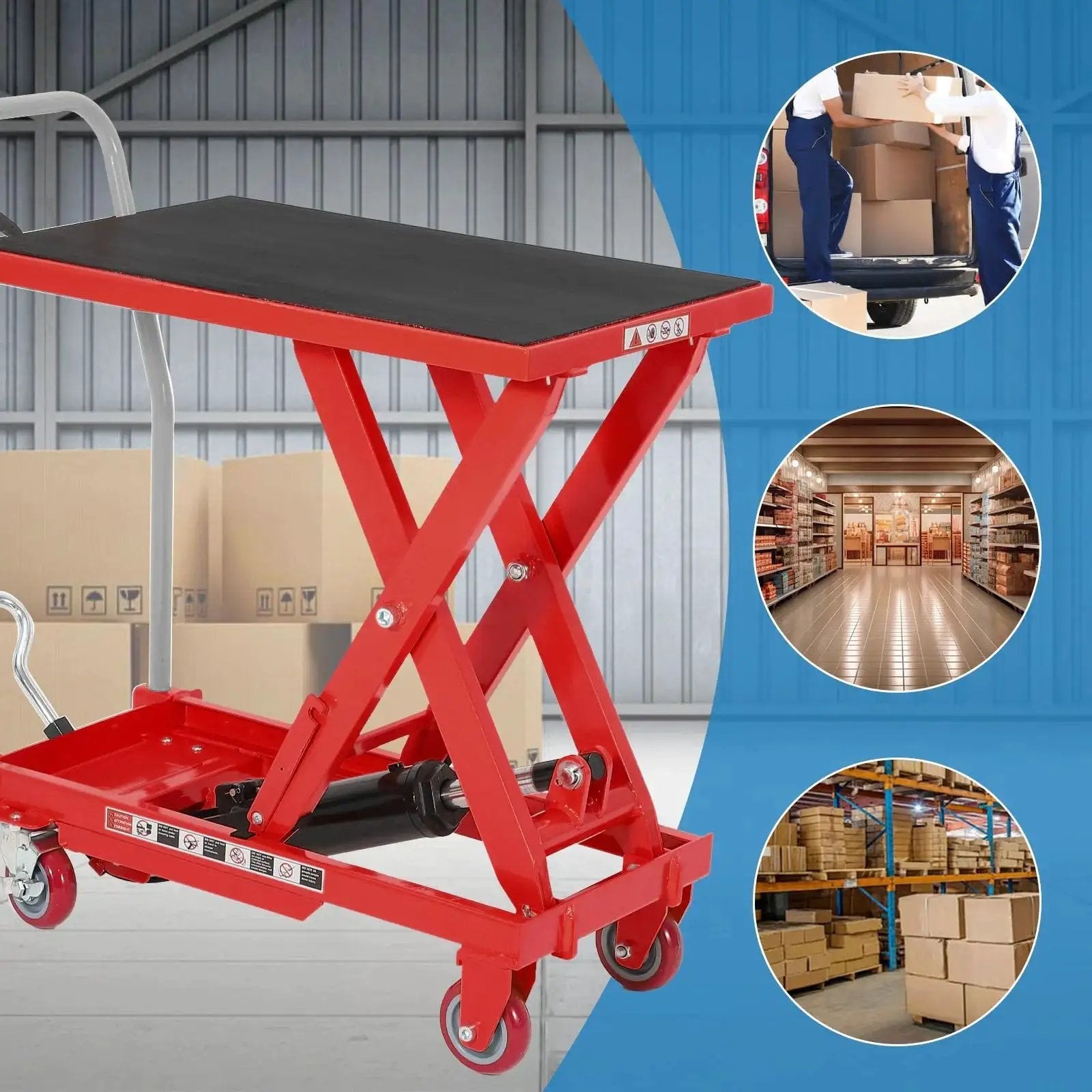 Heavy Duty Hydraulic Lift Table Cart 1100LB Capacity With 32 Inch Lift Height, red carbon steel, in warehouse setting